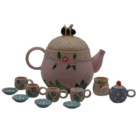 Vintage Miniature Tea Set Garden Pink Floral Bee Midwest Imports of Canon Falls - Picture 1 of 12